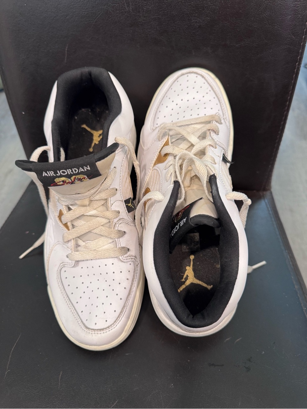 Jordan White and Black Low-Top Sneakers with Gold Jumpman